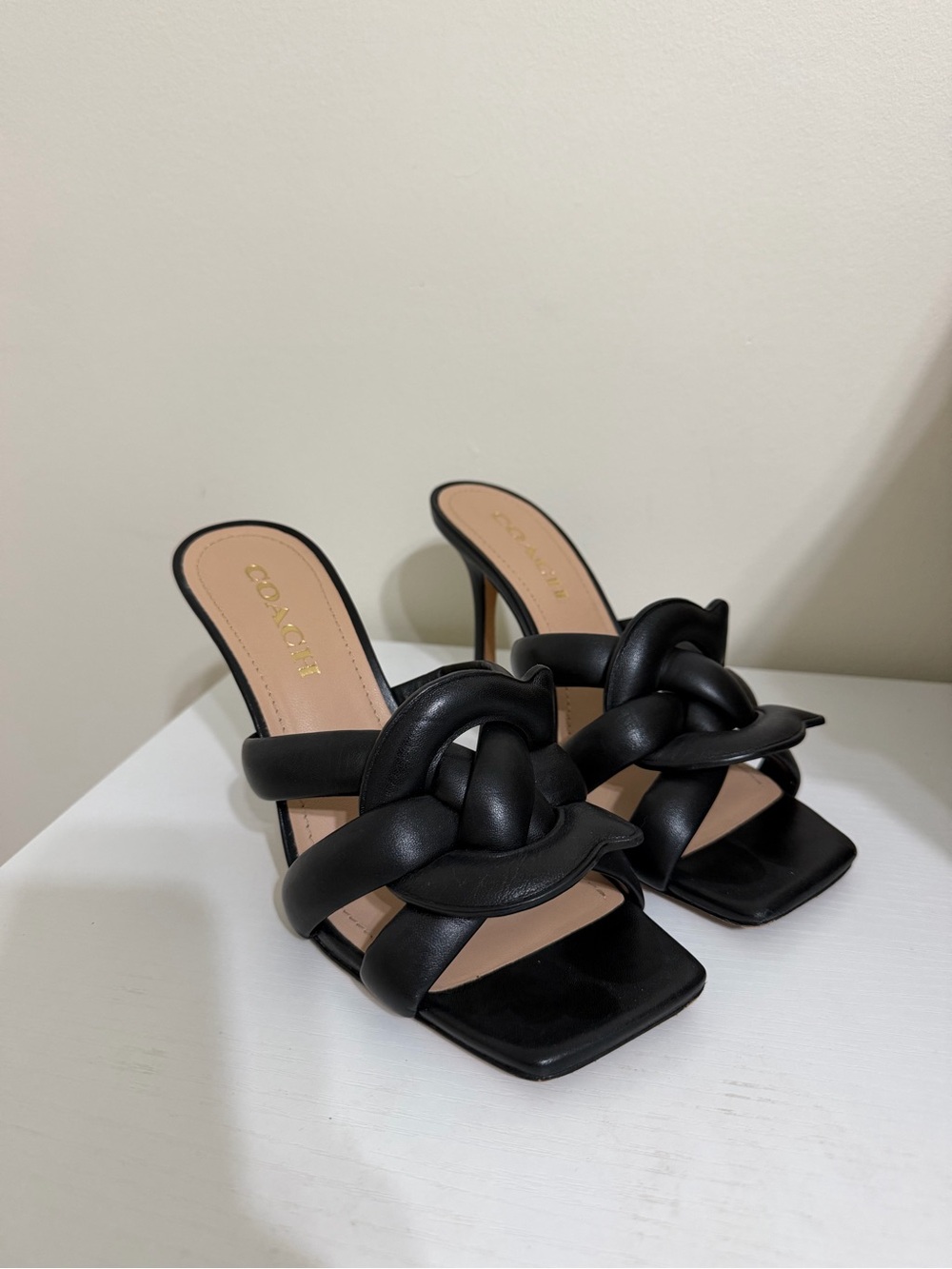 COACH Black Knotted Leather Heeled Sandals